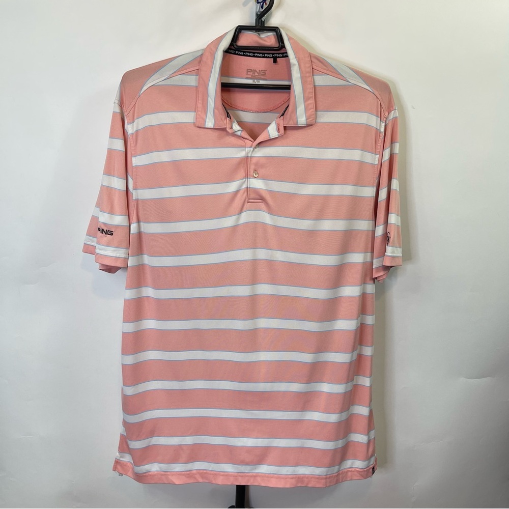 Ping Golf Pink White Striped Polo Shirt Size XL Men’s